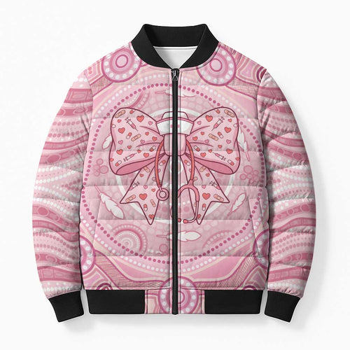 Aussie Nurse Personalised Bomber Puffer Jacket Pink Stethoscope Coquette Bow Aboriginal Dot Art