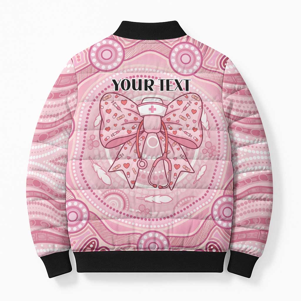 Aussie Nurse Personalised Bomber Puffer Jacket Pink Stethoscope Coquette Bow Aboriginal Dot Art