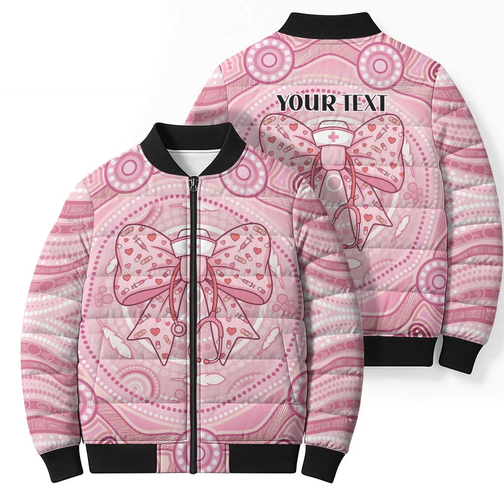 Aussie Nurse Personalised Bomber Puffer Jacket Pink Stethoscope Coquette Bow Aboriginal Dot Art