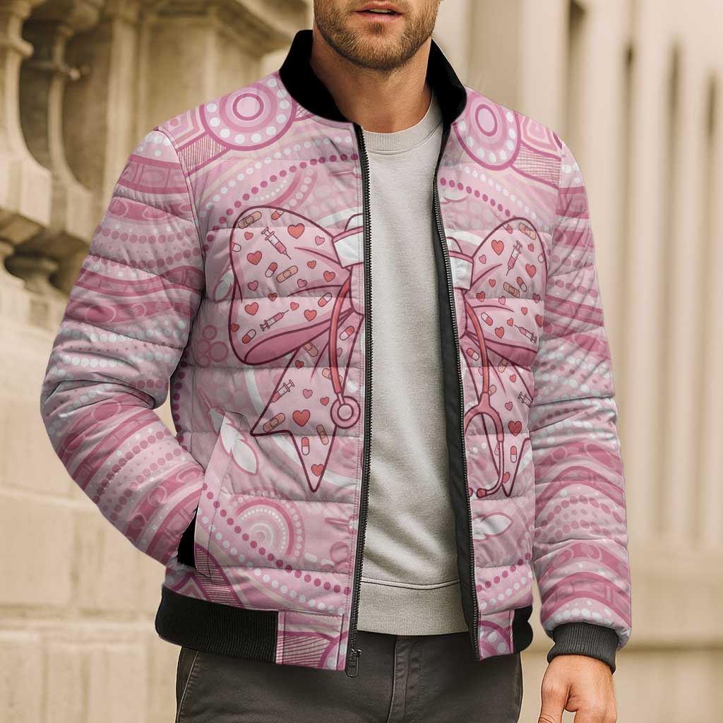 Aussie Nurse Personalised Bomber Puffer Jacket Pink Stethoscope Coquette Bow Aboriginal Dot Art