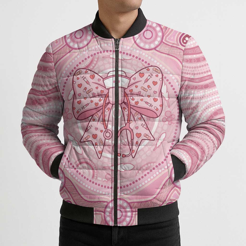 Aussie Nurse Personalised Bomber Puffer Jacket Pink Stethoscope Coquette Bow Aboriginal Dot Art