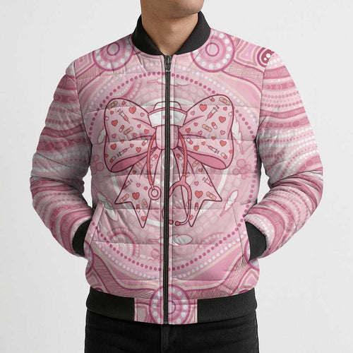 Aussie Nurse Personalised Bomber Puffer Jacket Pink Stethoscope Coquette Bow Aboriginal Dot Art