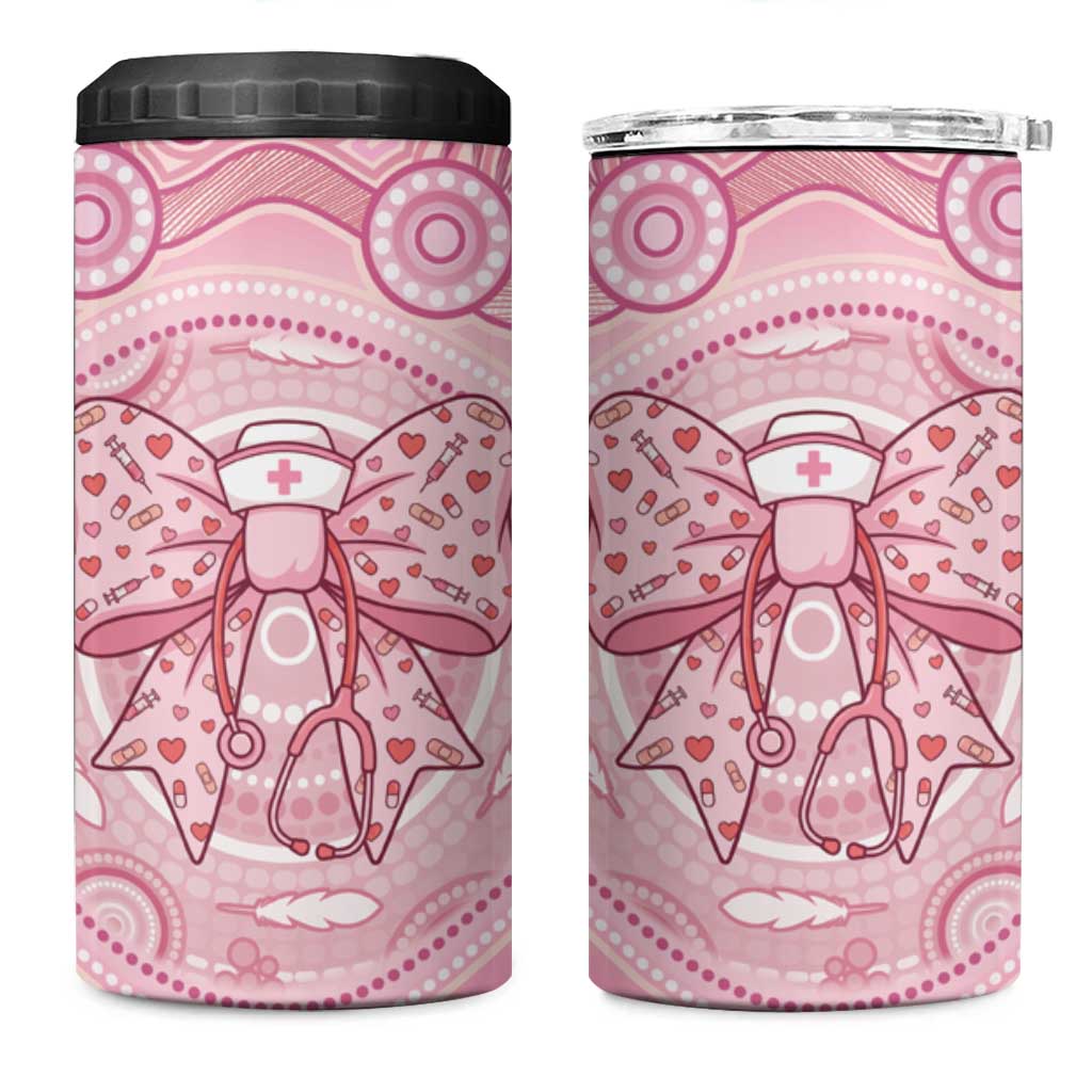 Aussie Nurse Personalised 4 in 1 Can Cooler Tumbler Pink Stethoscope Coquette Bow Aboriginal Dot Art