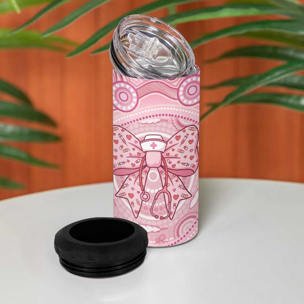 Aussie Nurse Personalised 4 in 1 Can Cooler Tumbler Pink Stethoscope Coquette Bow Aboriginal Dot Art