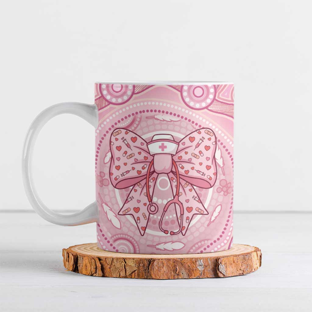 Aussie Nurse Personalised Ceramic Mug Pink Stethoscope Coquette Bow Aboriginal Dot Art
