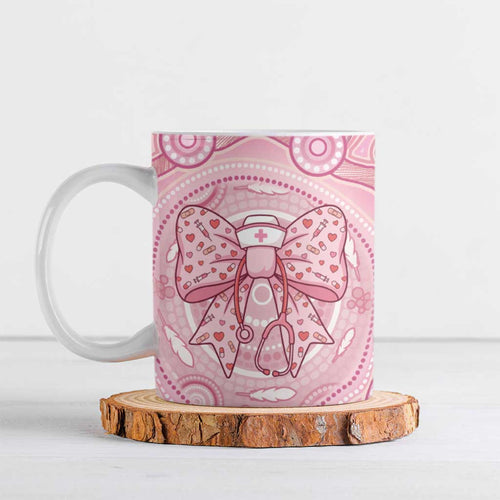 Aussie Nurse Personalised Ceramic Mug Pink Stethoscope Coquette Bow Aboriginal Dot Art