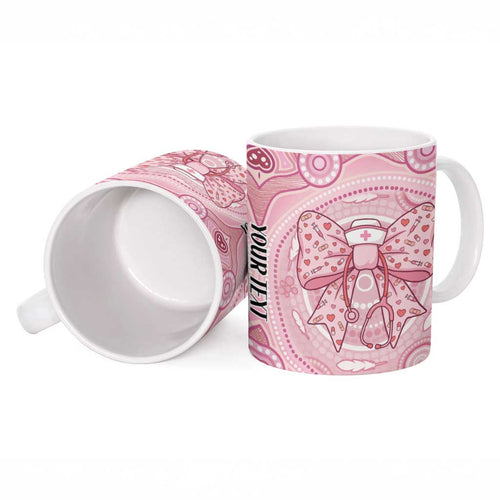Aussie Nurse Personalised Ceramic Mug Pink Stethoscope Coquette Bow Aboriginal Dot Art