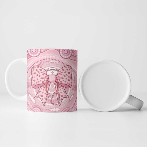 Aussie Nurse Personalised Ceramic Mug Pink Stethoscope Coquette Bow Aboriginal Dot Art
