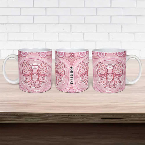 Aussie Nurse Personalised Ceramic Mug Pink Stethoscope Coquette Bow Aboriginal Dot Art