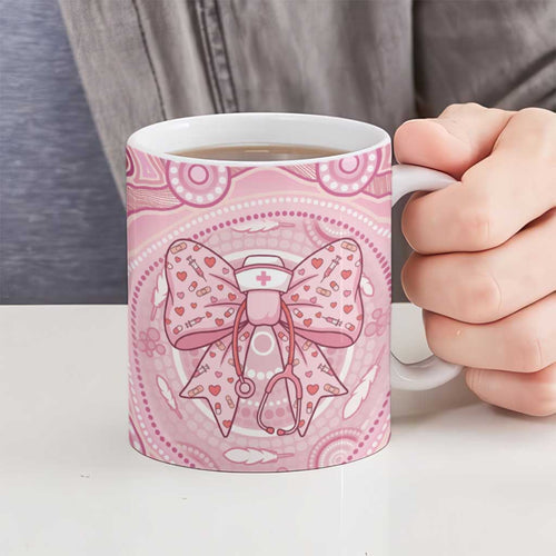Aussie Nurse Personalised Ceramic Mug Pink Stethoscope Coquette Bow Aboriginal Dot Art