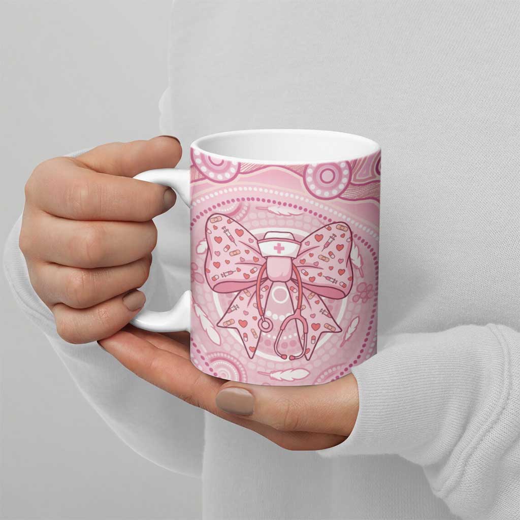 Aussie Nurse Personalised Ceramic Mug Pink Stethoscope Coquette Bow Aboriginal Dot Art