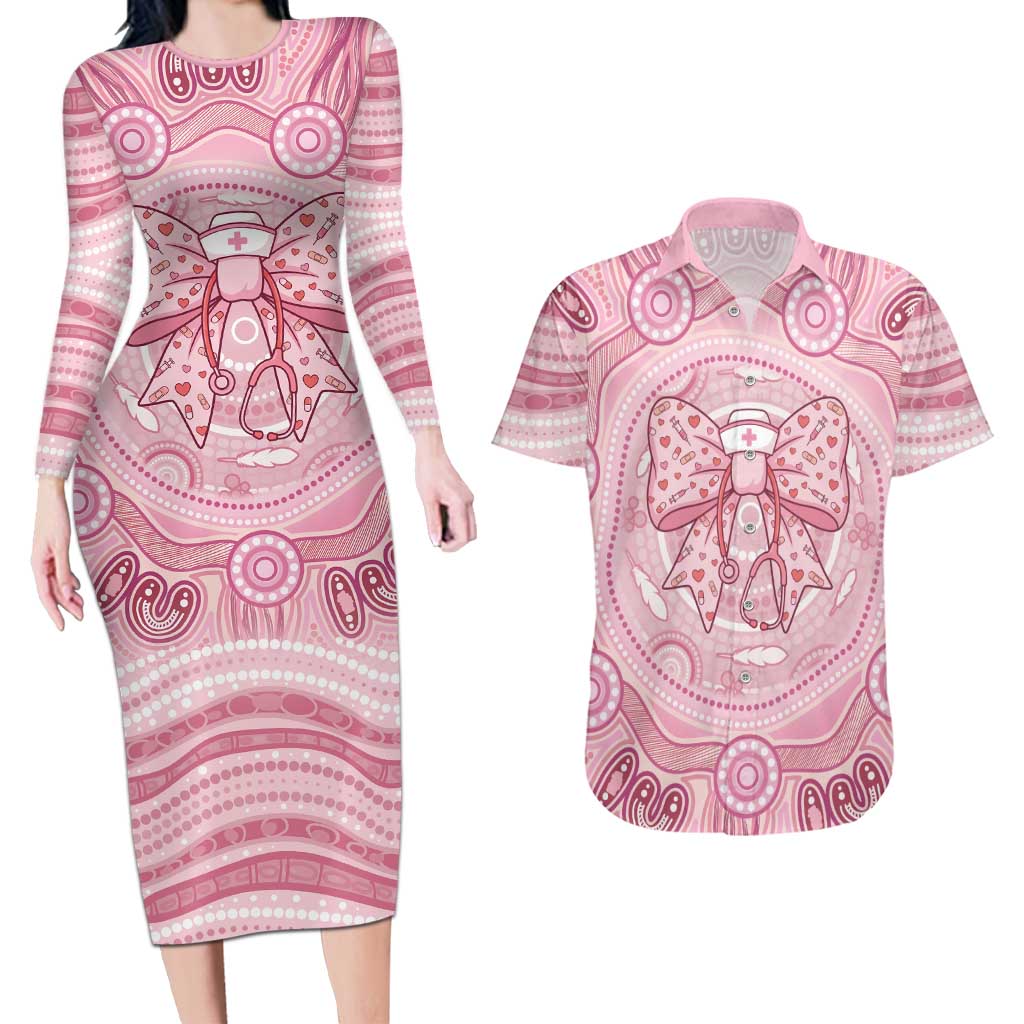 Aussie Nurse Personalised Couples Matching Long Sleeve Bodycon Dress and Hawaiian Shirt Pink Stethoscope Coquette Bow Aboriginal Dot Art
