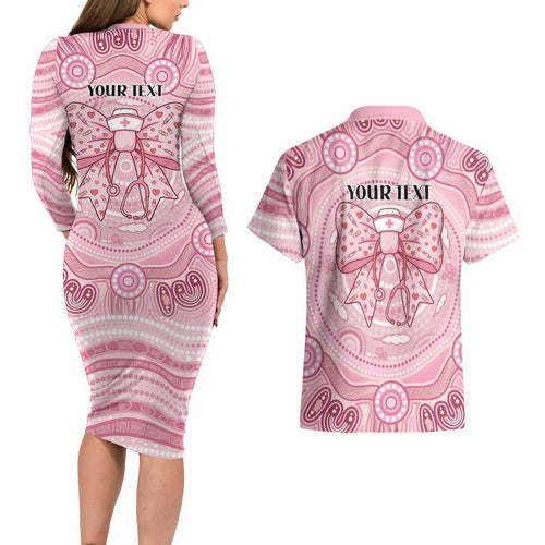 Aussie Nurse Personalised Couples Matching Long Sleeve Bodycon Dress and Hawaiian Shirt Pink Stethoscope Coquette Bow Aboriginal Dot Art