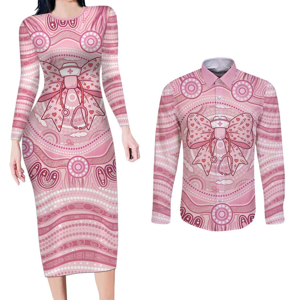 Aussie Nurse Personalised Couples Matching Long Sleeve Bodycon Dress and Long Sleeve Button Shirt Pink Stethoscope Coquette Bow Aboriginal Dot Art