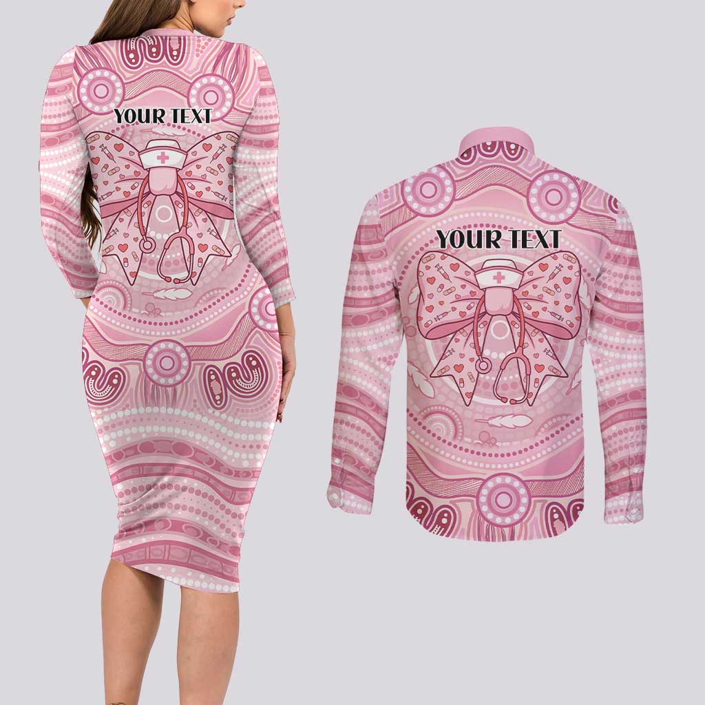 Aussie Nurse Personalised Couples Matching Long Sleeve Bodycon Dress and Long Sleeve Button Shirt Pink Stethoscope Coquette Bow Aboriginal Dot Art
