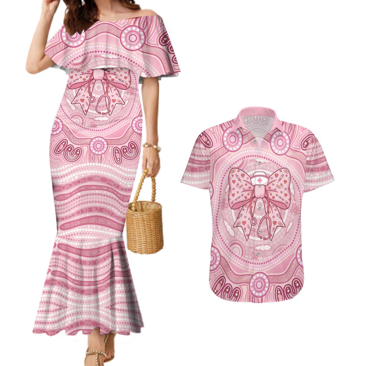 Aussie Nurse Personalised Couples Matching Mermaid Dress and Hawaiian Shirt Pink Stethoscope Coquette Bow Aboriginal Dot Art