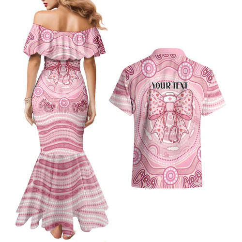 Aussie Nurse Personalised Couples Matching Mermaid Dress and Hawaiian Shirt Pink Stethoscope Coquette Bow Aboriginal Dot Art