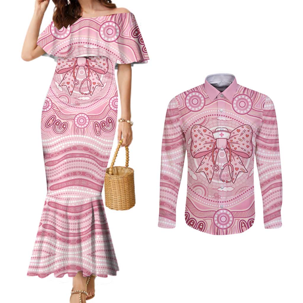 Aussie Nurse Personalised Couples Matching Mermaid Dress and Long Sleeve Button Shirt Pink Stethoscope Coquette Bow Aboriginal Dot Art