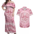 Aussie Nurse Personalised Couples Matching Off Shoulder Maxi Dress and Hawaiian Shirt Pink Stethoscope Coquette Bow Aboriginal Dot Art