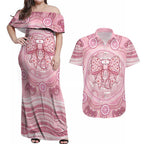 Aussie Nurse Personalised Couples Matching Off Shoulder Maxi Dress and Hawaiian Shirt Pink Stethoscope Coquette Bow Aboriginal Dot Art