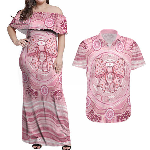 Aussie Nurse Personalised Couples Matching Off Shoulder Maxi Dress and Hawaiian Shirt Pink Stethoscope Coquette Bow Aboriginal Dot Art