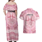 Aussie Nurse Personalised Couples Matching Off Shoulder Maxi Dress and Hawaiian Shirt Pink Stethoscope Coquette Bow Aboriginal Dot Art