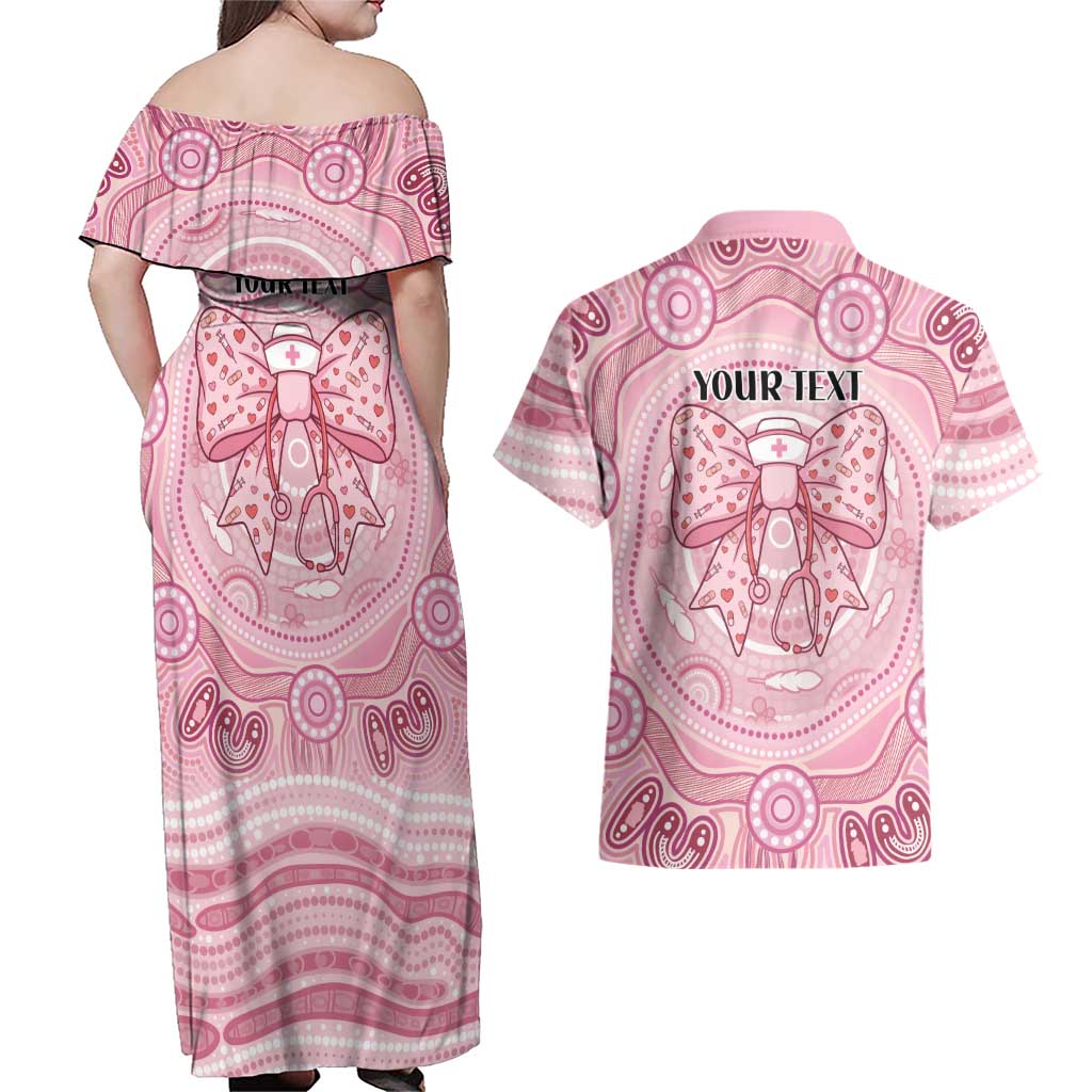 Aussie Nurse Personalised Couples Matching Off Shoulder Maxi Dress and Hawaiian Shirt Pink Stethoscope Coquette Bow Aboriginal Dot Art