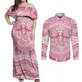 Aussie Nurse Personalised Couples Matching Off Shoulder Maxi Dress and Long Sleeve Button Shirt Pink Stethoscope Coquette Bow Aboriginal Dot Art