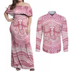 Aussie Nurse Personalised Couples Matching Off Shoulder Maxi Dress and Long Sleeve Button Shirt Pink Stethoscope Coquette Bow Aboriginal Dot Art