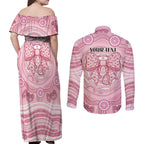 Aussie Nurse Personalised Couples Matching Off Shoulder Maxi Dress and Long Sleeve Button Shirt Pink Stethoscope Coquette Bow Aboriginal Dot Art