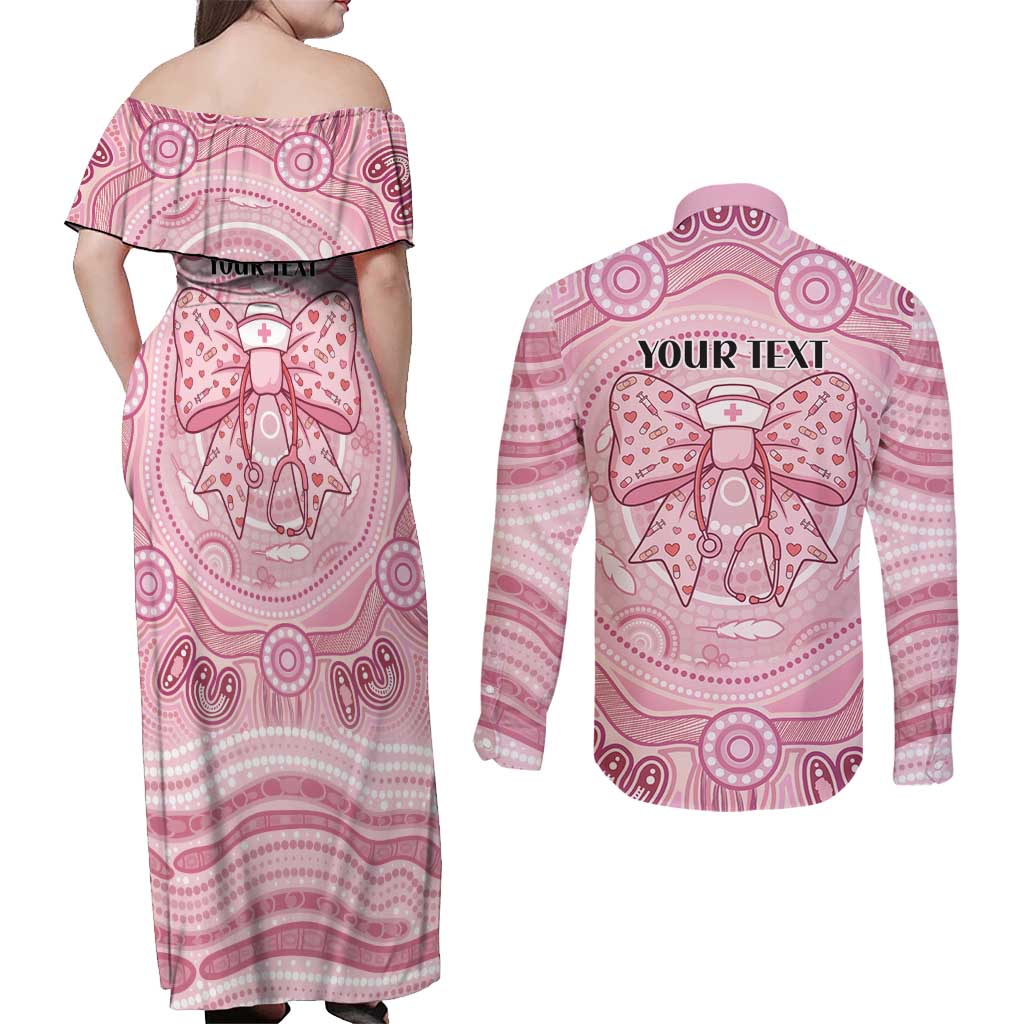 Aussie Nurse Personalised Couples Matching Off Shoulder Maxi Dress and Long Sleeve Button Shirt Pink Stethoscope Coquette Bow Aboriginal Dot Art