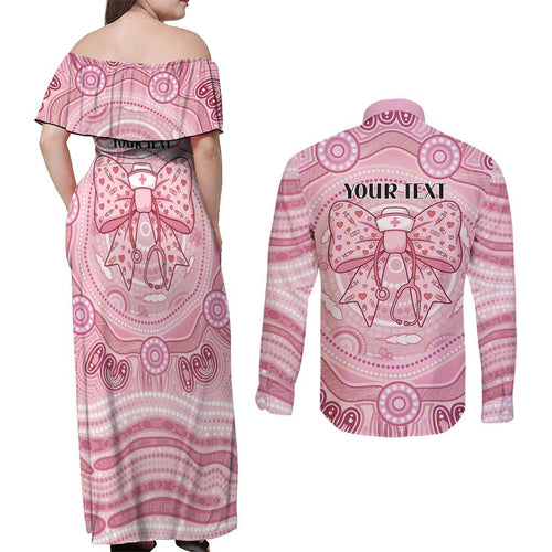 Aussie Nurse Personalised Couples Matching Off Shoulder Maxi Dress and Long Sleeve Button Shirt Pink Stethoscope Coquette Bow Aboriginal Dot Art