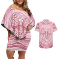 Aussie Nurse Personalised Couples Matching Off Shoulder Short Dress and Hawaiian Shirt Pink Stethoscope Coquette Bow Aboriginal Dot Art