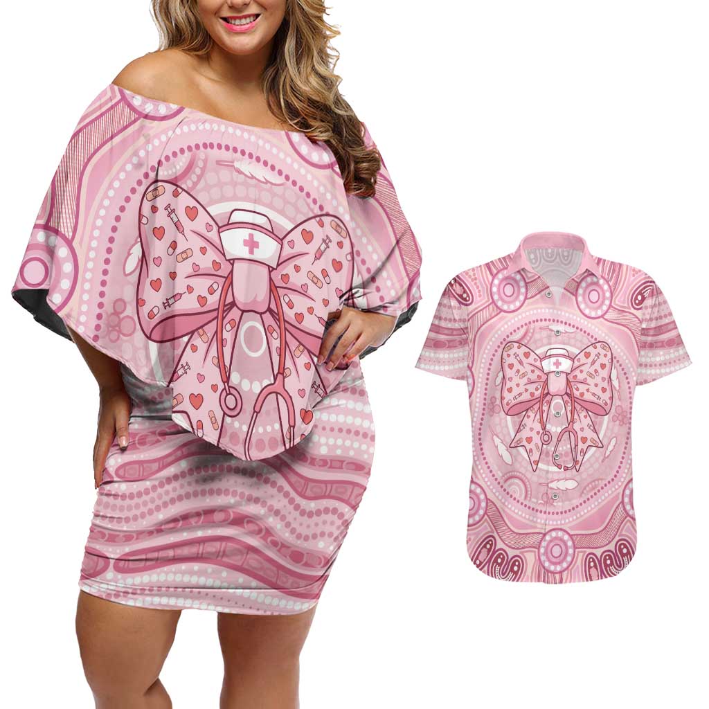 Aussie Nurse Personalised Couples Matching Off Shoulder Short Dress and Hawaiian Shirt Pink Stethoscope Coquette Bow Aboriginal Dot Art