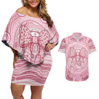 Aussie Nurse Personalised Couples Matching Off Shoulder Short Dress and Hawaiian Shirt Pink Stethoscope Coquette Bow Aboriginal Dot Art