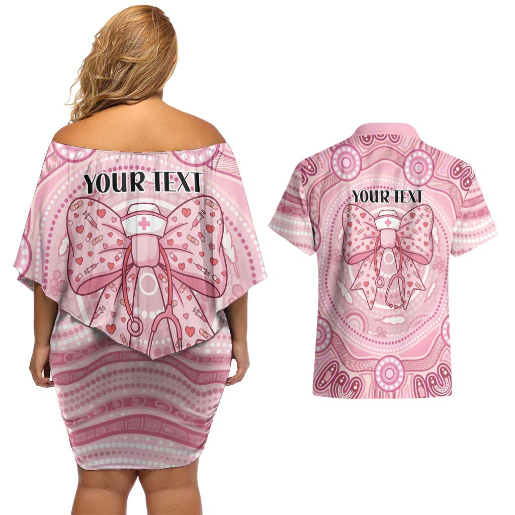 Aussie Nurse Personalised Couples Matching Off Shoulder Short Dress and Hawaiian Shirt Pink Stethoscope Coquette Bow Aboriginal Dot Art