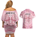 Aussie Nurse Personalised Couples Matching Off Shoulder Short Dress and Hawaiian Shirt Pink Stethoscope Coquette Bow Aboriginal Dot Art
