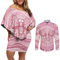Aussie Nurse Personalised Couples Matching Off Shoulder Short Dress and Long Sleeve Button Shirt Pink Stethoscope Coquette Bow Aboriginal Dot Art