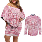 Aussie Nurse Personalised Couples Matching Off Shoulder Short Dress and Long Sleeve Button Shirt Pink Stethoscope Coquette Bow Aboriginal Dot Art