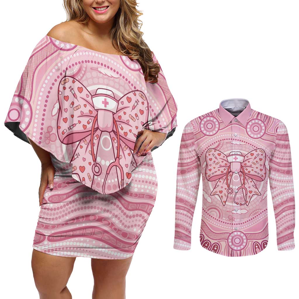 Aussie Nurse Personalised Couples Matching Off Shoulder Short Dress and Long Sleeve Button Shirt Pink Stethoscope Coquette Bow Aboriginal Dot Art