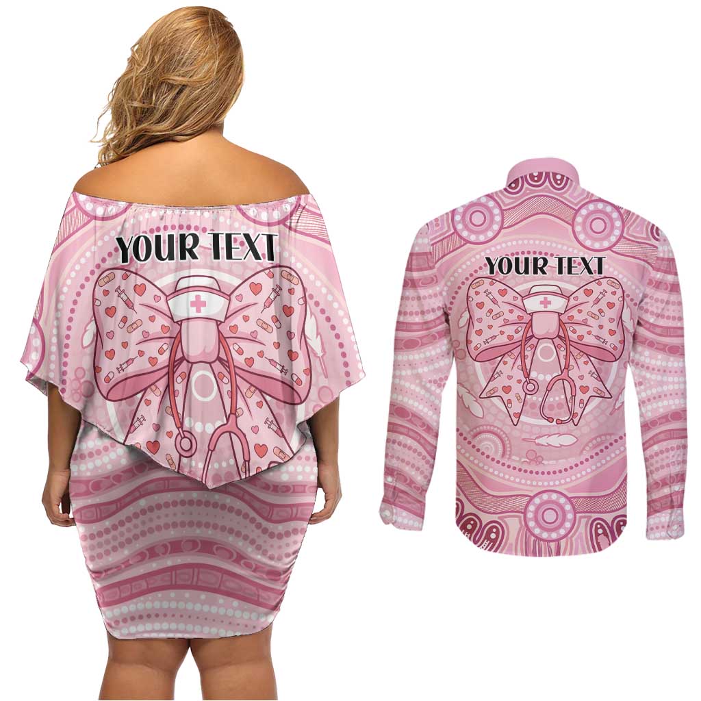Aussie Nurse Personalised Couples Matching Off Shoulder Short Dress and Long Sleeve Button Shirt Pink Stethoscope Coquette Bow Aboriginal Dot Art