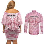 Aussie Nurse Personalised Couples Matching Off Shoulder Short Dress and Long Sleeve Button Shirt Pink Stethoscope Coquette Bow Aboriginal Dot Art