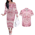 Aussie Nurse Personalised Couples Matching Off The Shoulder Long Sleeve Dress and Hawaiian Shirt Pink Stethoscope Coquette Bow Aboriginal Dot Art