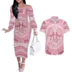 Aussie Nurse Personalised Couples Matching Off The Shoulder Long Sleeve Dress and Hawaiian Shirt Pink Stethoscope Coquette Bow Aboriginal Dot Art