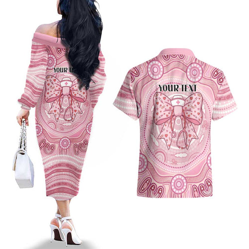 Aussie Nurse Personalised Couples Matching Off The Shoulder Long Sleeve Dress and Hawaiian Shirt Pink Stethoscope Coquette Bow Aboriginal Dot Art