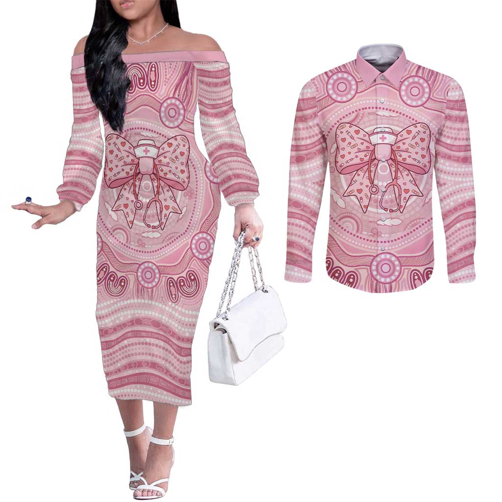 Aussie Nurse Personalised Couples Matching Off The Shoulder Long Sleeve Dress and Long Sleeve Button Shirt Pink Stethoscope Coquette Bow Aboriginal Dot Art