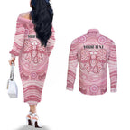 Aussie Nurse Personalised Couples Matching Off The Shoulder Long Sleeve Dress and Long Sleeve Button Shirt Pink Stethoscope Coquette Bow Aboriginal Dot Art
