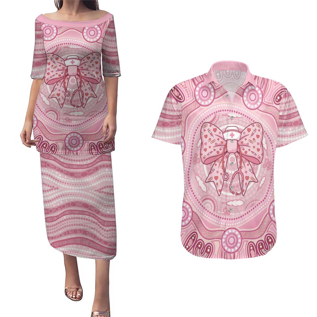 Aussie Nurse Personalised Couples Matching Puletasi and Hawaiian Shirt Pink Stethoscope Coquette Bow Aboriginal Dot Art