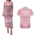 Aussie Nurse Personalised Couples Matching Puletasi and Hawaiian Shirt Pink Stethoscope Coquette Bow Aboriginal Dot Art