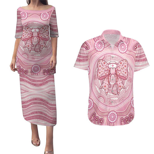 Aussie Nurse Personalised Couples Matching Puletasi and Hawaiian Shirt Pink Stethoscope Coquette Bow Aboriginal Dot Art